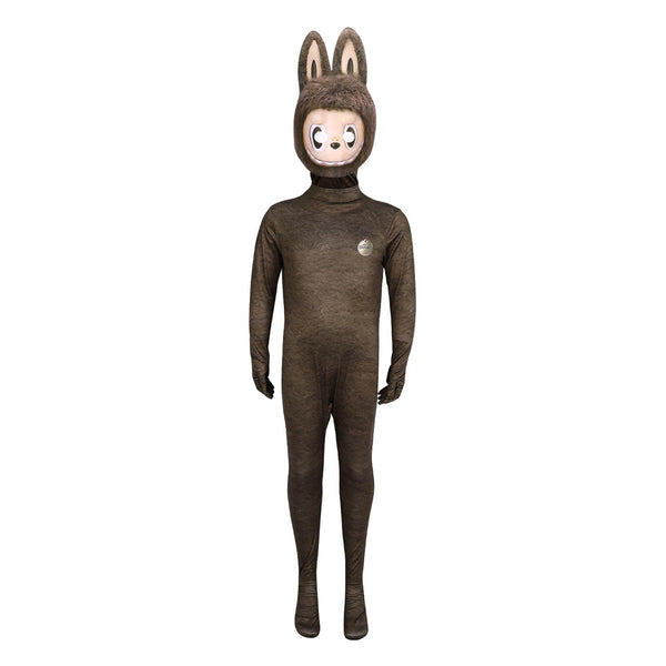 Child wearing brown Labubu jumpsuit costume front view – Pop Mart