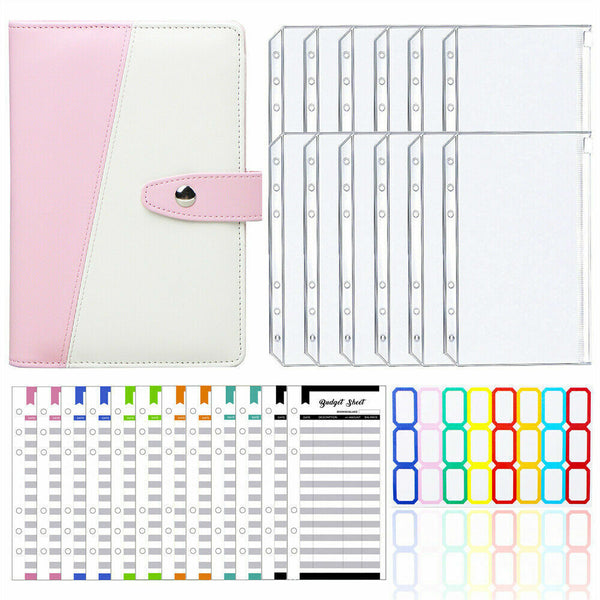 PU Leather Notebook Binder Pink A6 Budget Planner Organizer Cover Pockets Sheets