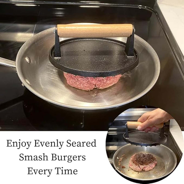 Cast Iron Burger Press with Wooden Handle | BBQ Grill Meat Smasher Patty Maker