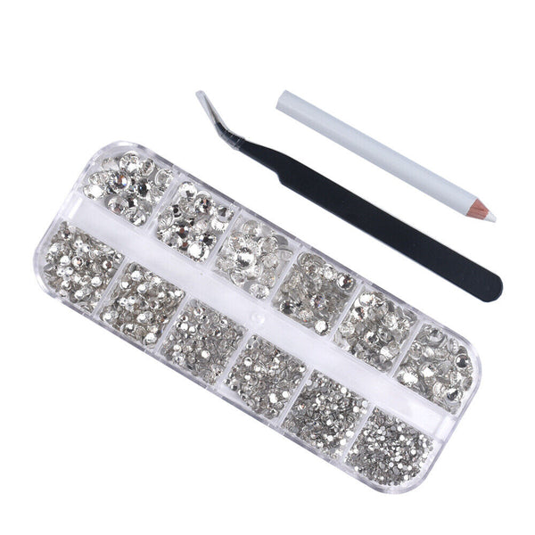 Flat Back Box Crystal Nail Art Decor AB Nails Rhinestones Diamond Beads 12 Grids