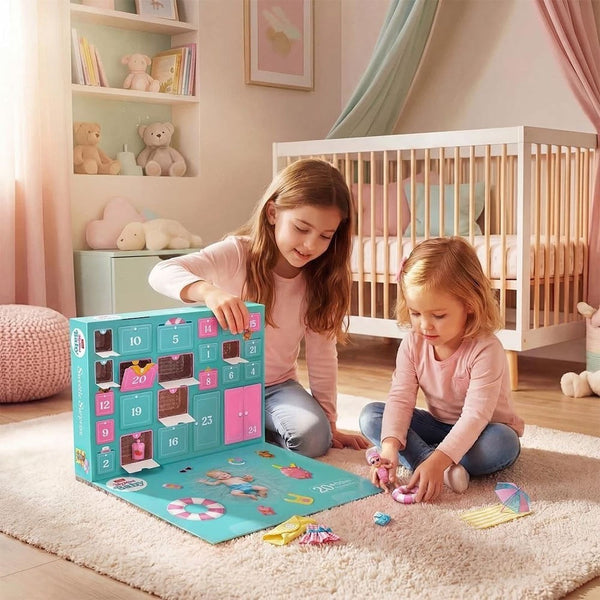 Two girls opening the mini baby doll advent calendar in a bedroom