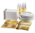Gold party tableware set for 25 on a white background