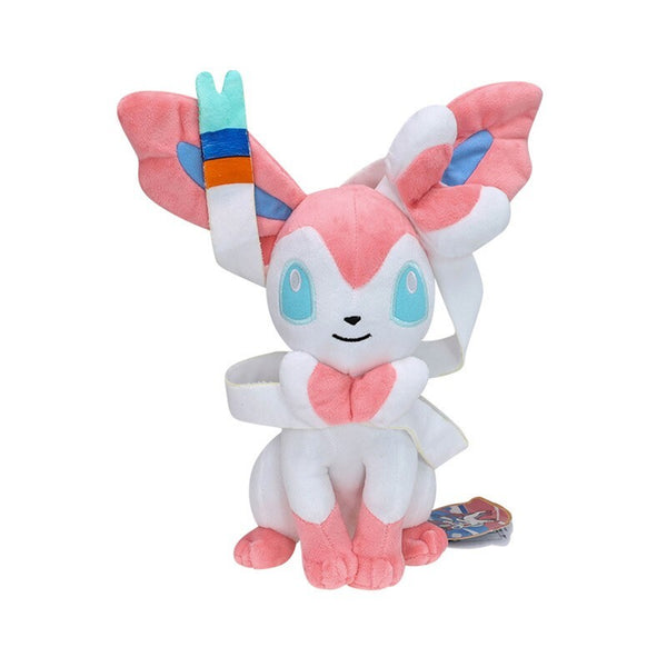 Pink and white fox plush toy 35cm on a white background