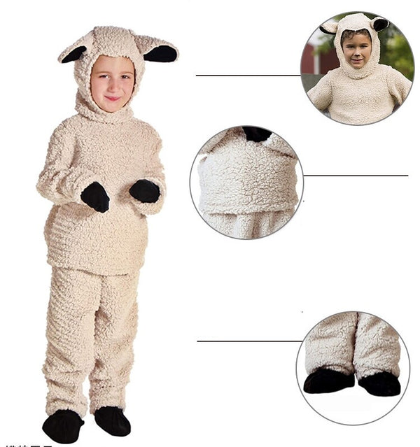 Sheep costume details: hood face, mittens and shoe covers