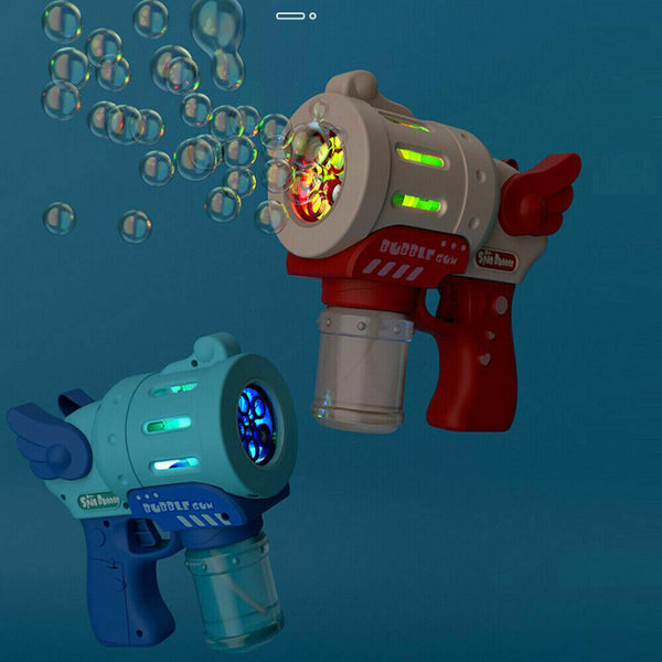 Blue and red bubble guns with lights glowing