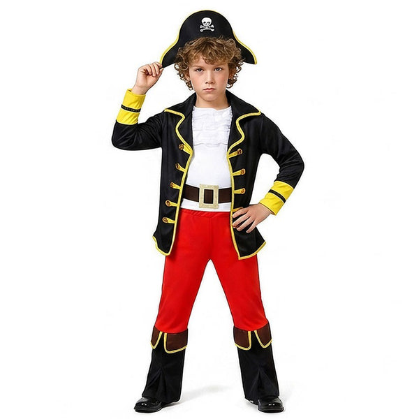 Boy modelling the kids pirate captain costume with skull hat