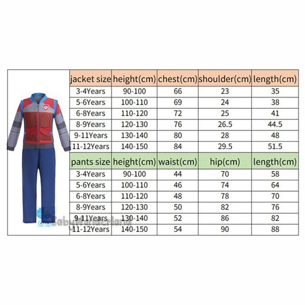 Paw Patrol Ryder costume kids size chart for jacket and pants