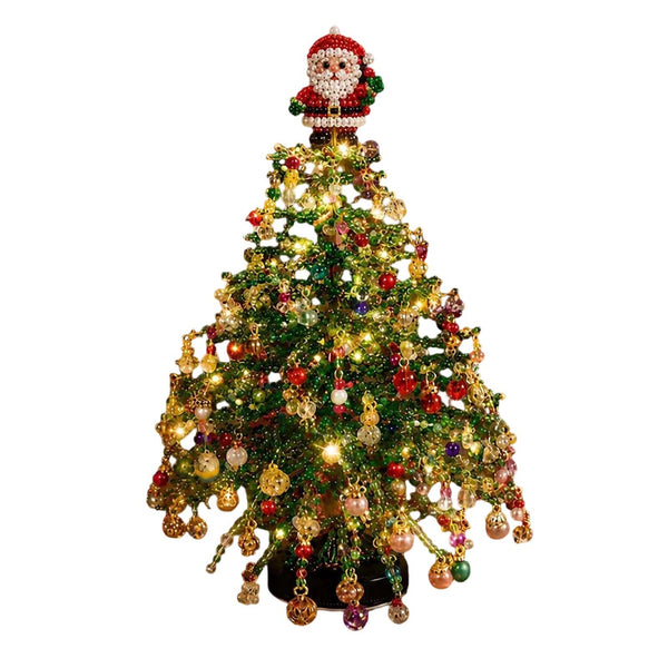 Finished beaded Christmas tree with Santa topper on white