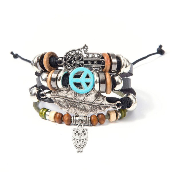 Turquoise Woven Leather Multi Layered Beaded Bracelet with Wood Beads for Women