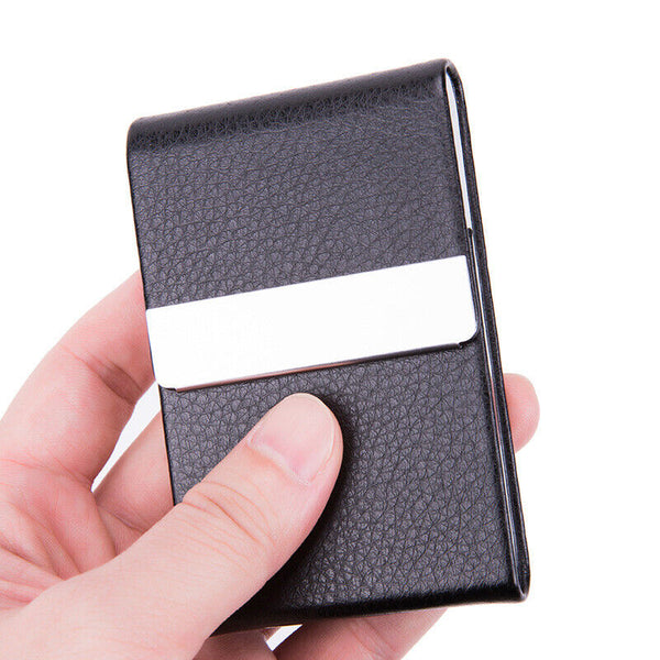 Business Card Holder Case Cover Black Leather Silver Metal Credit Card Magnetic