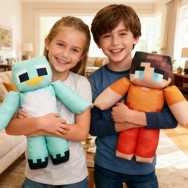 Two kids on a sofa holding pixel plush toys