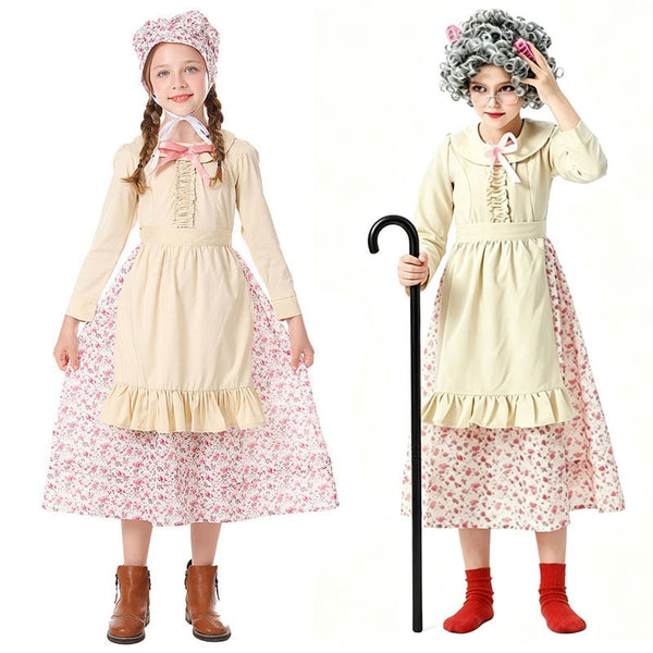 Girl wearing grandma dress next to old lady costume with wig and cane - Lets Party