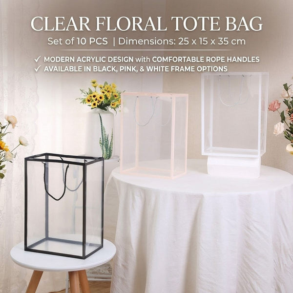 10PCS Clear Acrylic Gift Bags Floral Tote Bags Rope Handle Gift Packaging White Pink Black