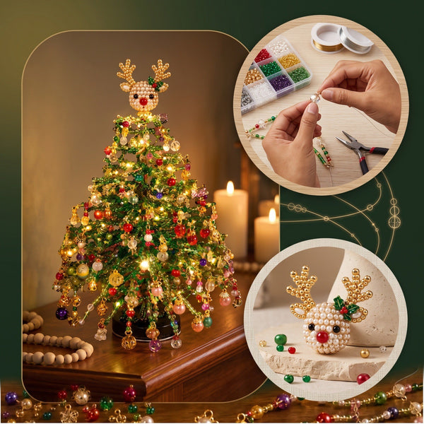 Beaded Christmas tree with reindeer topper and close-up of beading the branches