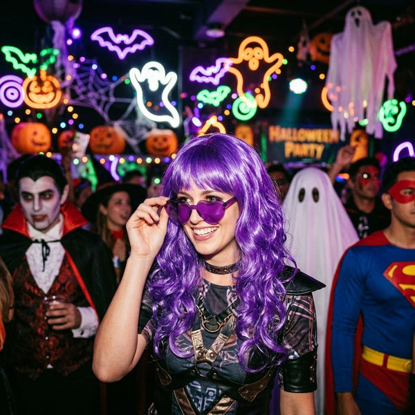 Costume wig worn with heart sunglasses