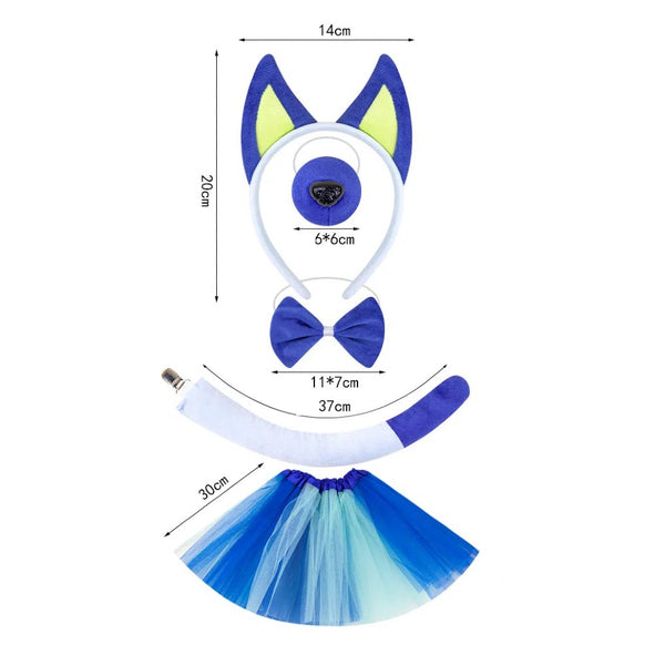 Bluey costume flat lay ears bowtie tail and blue tutu with sizes