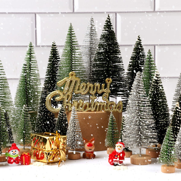 Tabletop Christmas tree display with mini trees, Santa figures and gift boxes