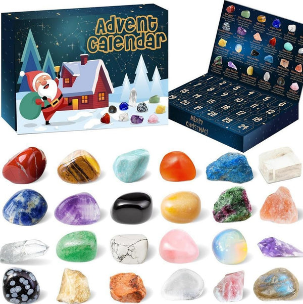 Gemstone advent calendar in a navy Santa cottage box with 24 polished tumbled stones