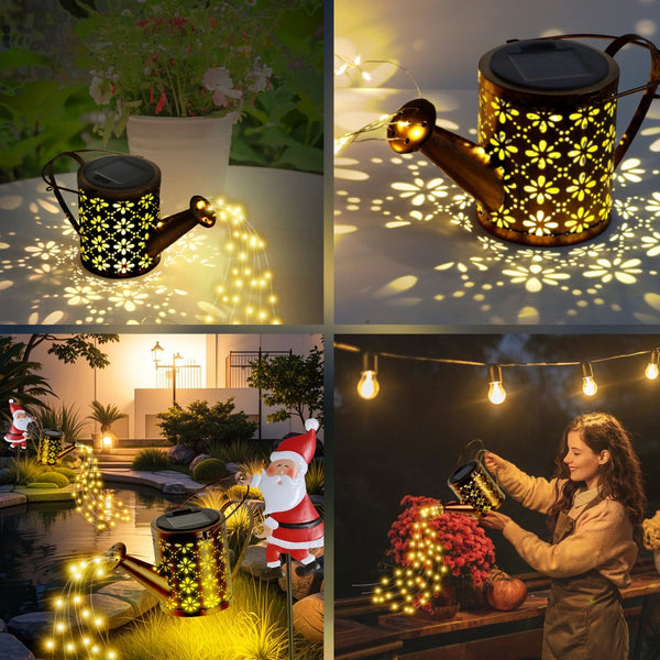 Solar Christmas garden light with cascade string lights along a flower bed
