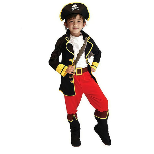 Boy wearing black and gold pirate costume holding a toy sword
