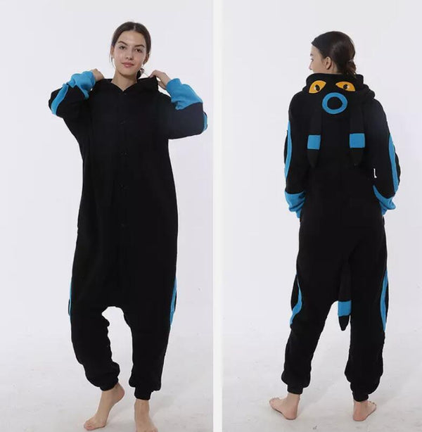 Black Fox (Blue Rings) kigurumi onesie, front and back view