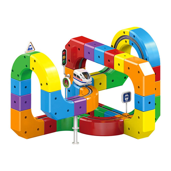 Rainbow cube train track loop with traffic light and signs