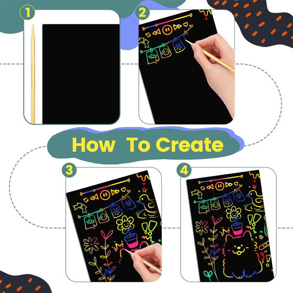 Magic Scratch Paper Art Set Rainbow Drawing Sheets with Wooden Pens