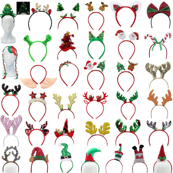 Christmas headbands for adults and kids: reindeer antlers, Santa hats, elf hats and boppers