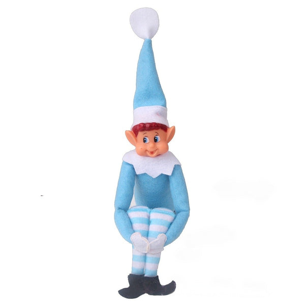 Blue boy Christmas elf doll with a light blue hat and striped legs
