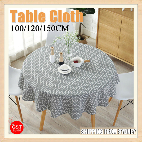 Geometric Cotton Linen Round Table Cloth Tassel Trim Dining Table Cover Deco AU