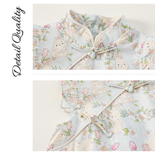 Summer Girls Cheongsam Dress | Stand Collar Flying Sleeve Rabbit Print Qipao
