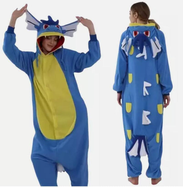 Blue Sea Serpent kigurumi onesie, front and back view
