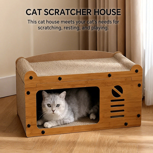Cat Cardboard House Scratcher Cat Climbing Hideaway Play House with Hanging Ball