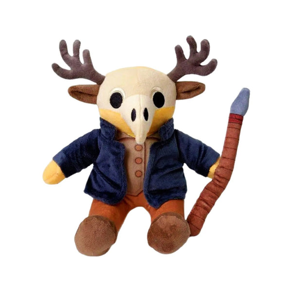 Antlered skull-mask plush in a navy jacket, front view