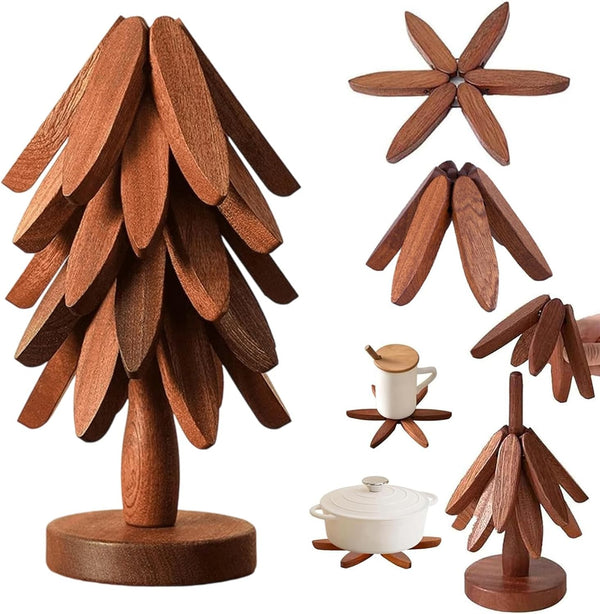 Walnut wooden trivets, 5 stacked on the tree stand