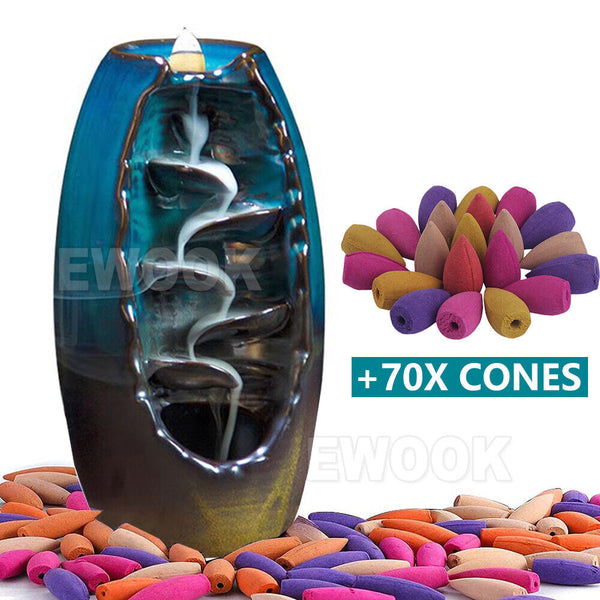 Backflow Ceramic Mountain Waterfall Smoke Incense Burner Cones Holder + 110 Cone