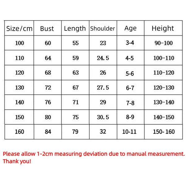 Jessie cowgirl costume size chart for sizes 100 to 160 cm
