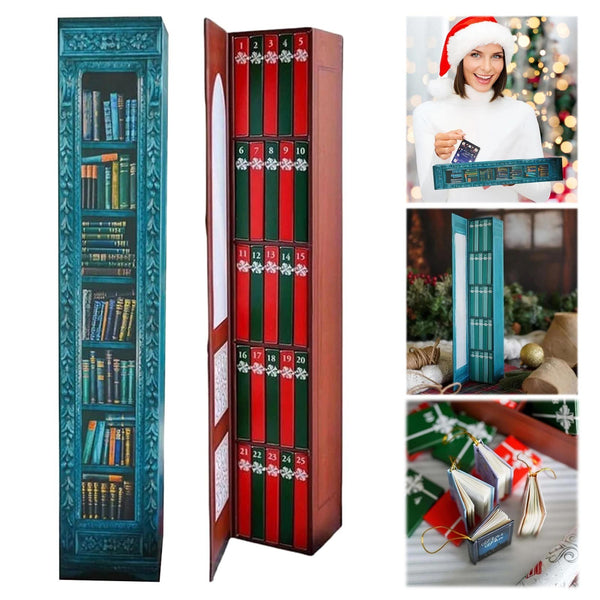 Book advent calendar 2026 in blue bookshelf and red Christmas box designs with mini book ornaments