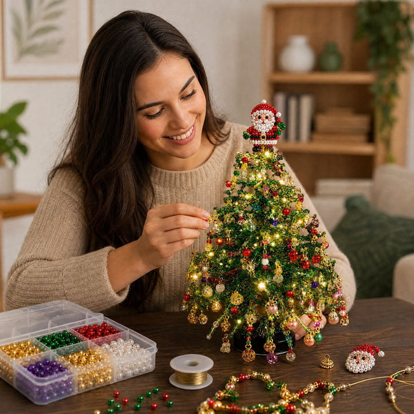 Beaded Christmas tree kit - woman making a DIY light up tabletop Christmas tree with Santa topper