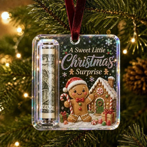 Gingerbread cash holder ornament with a rolled note, A Sweet Little Christmas Surprise design