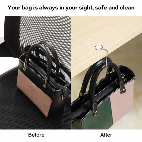 Bag hook keeps a handbag off the floor, before and after