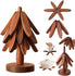 Wooden trivet set in walnut: Christmas tree trivets for hot dishes stacked on the stand, with opened trivets under a mug and pot