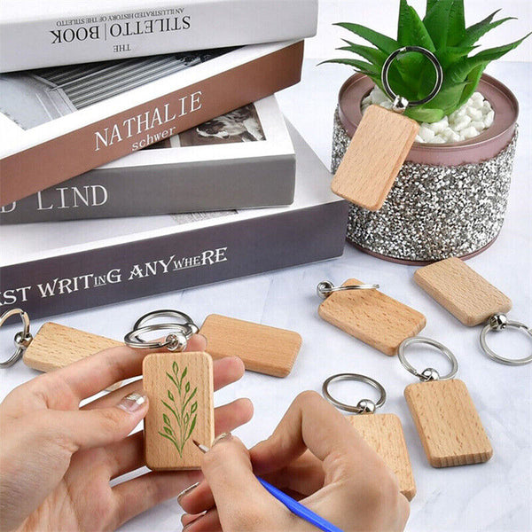 10Pcs Blank Rectangle Wooden Key Chain DIY Wood Keyrings Key Tags Friends Gifts