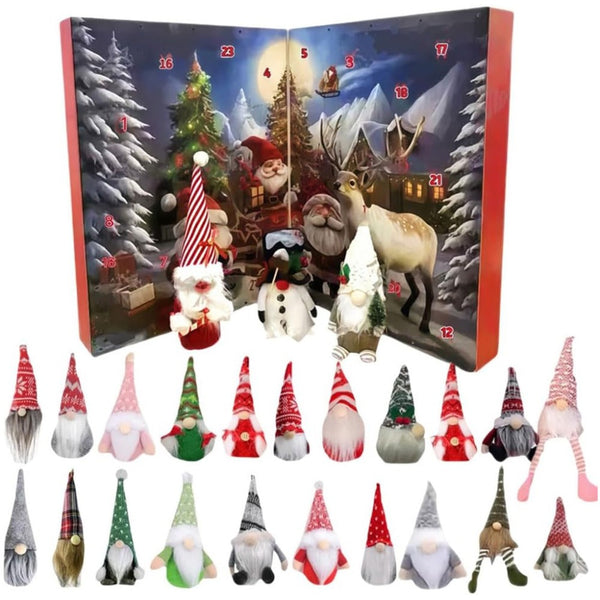 Red Santa and reindeer scene gnome advent calendar with 24 plush gnomes in assorted hats