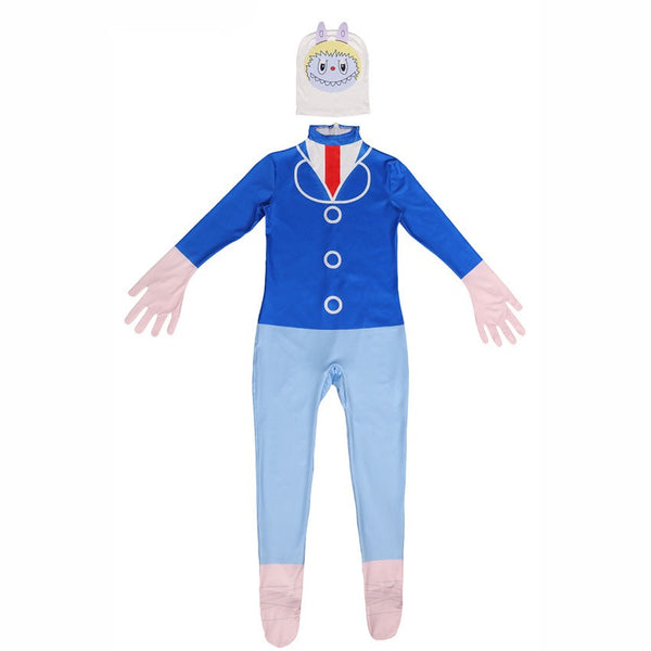 Blue Labubu costume jumpsuit with white hood mask – Pop Mart kids