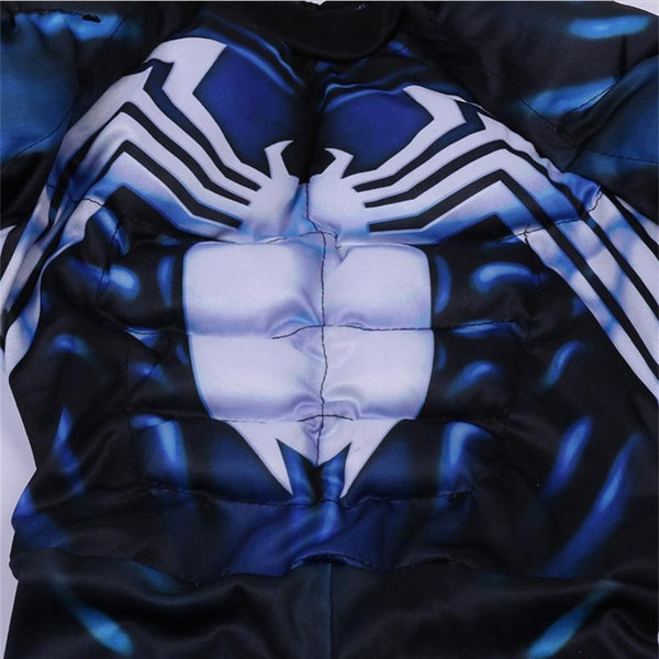 Close up of Venom costume chest with white spider emblem and muscle print