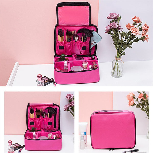 Professional Makeup Bag Travel Cosmetic Organizer Case with Brush Storage and Zipper Compartments