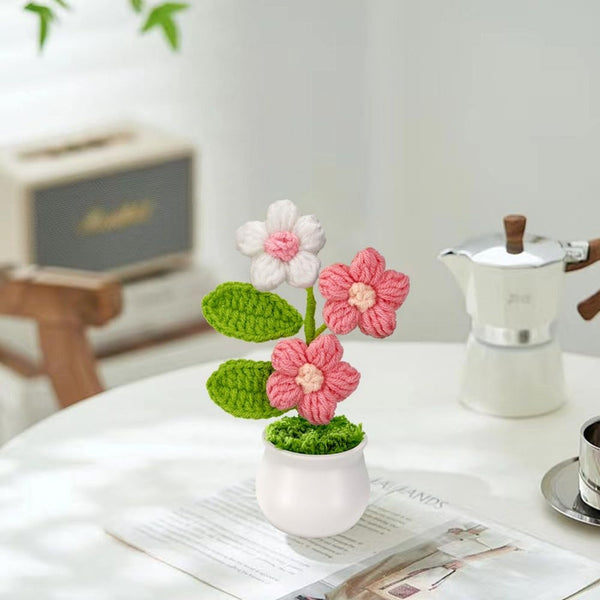 Handcrafted Crochet Faux Flower Potted Plant Knitted Artificial Decor