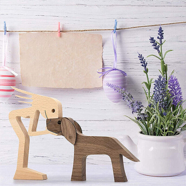 Handmade Wooden Statue, Sitting Woman and Dog, Wood Decor Craft DIY Home Decor