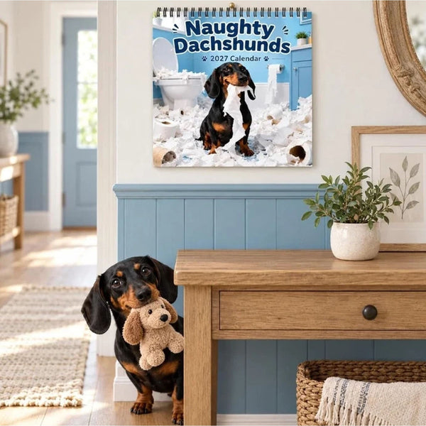 Dachshund calendar hanging on a wall above a sausage dog carrying a teddy
